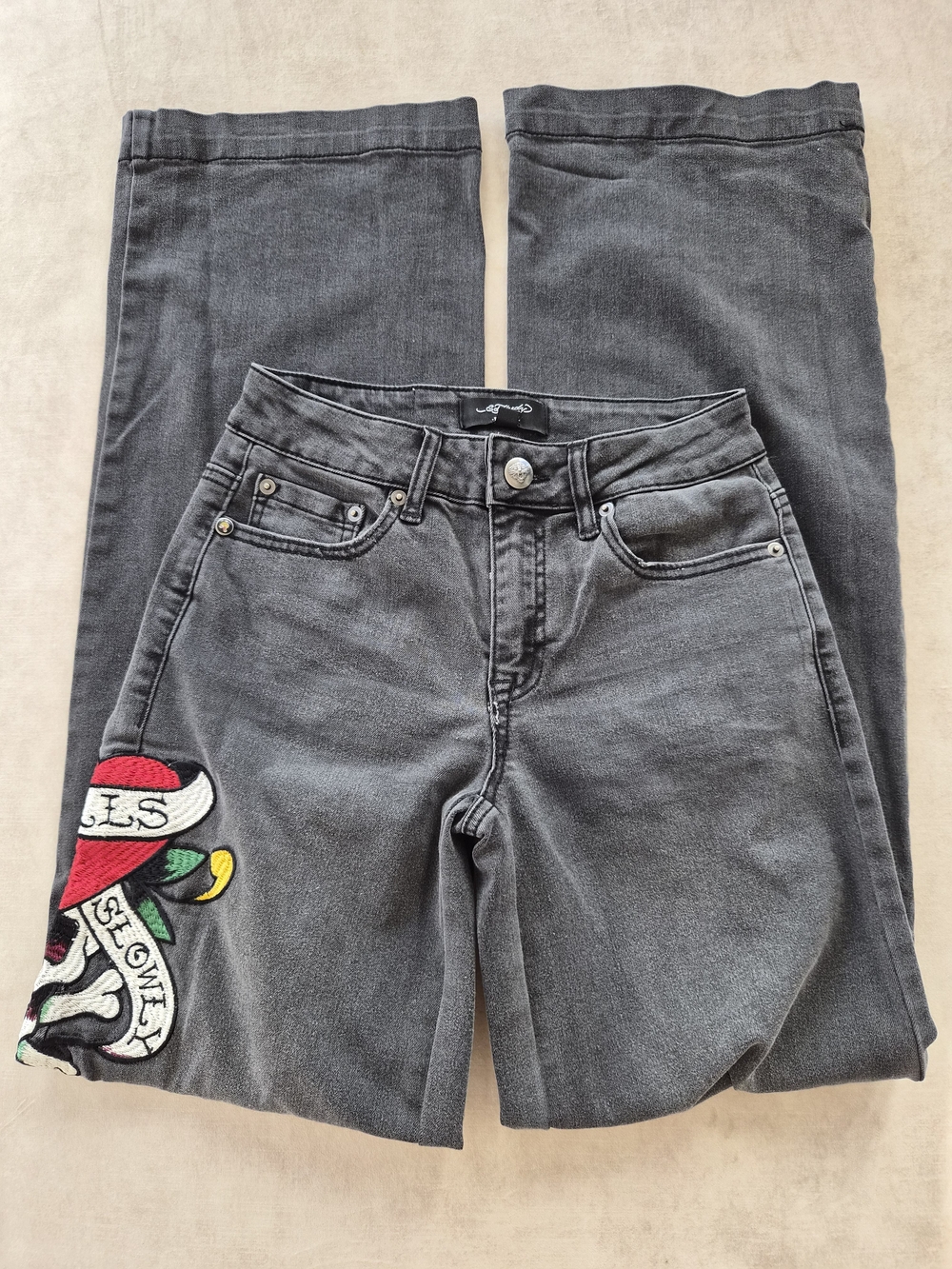 Ed Hardy Graphic Embroidered Black Wide Leg Jeans Size 24